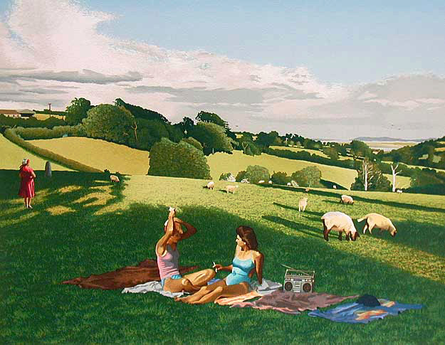 A Lamb-white day above Laugharne; A silkscreen print by Jonathan Owen. Two girls sunbathe in the field. An older lady is more contemplative, looking toward the sea.